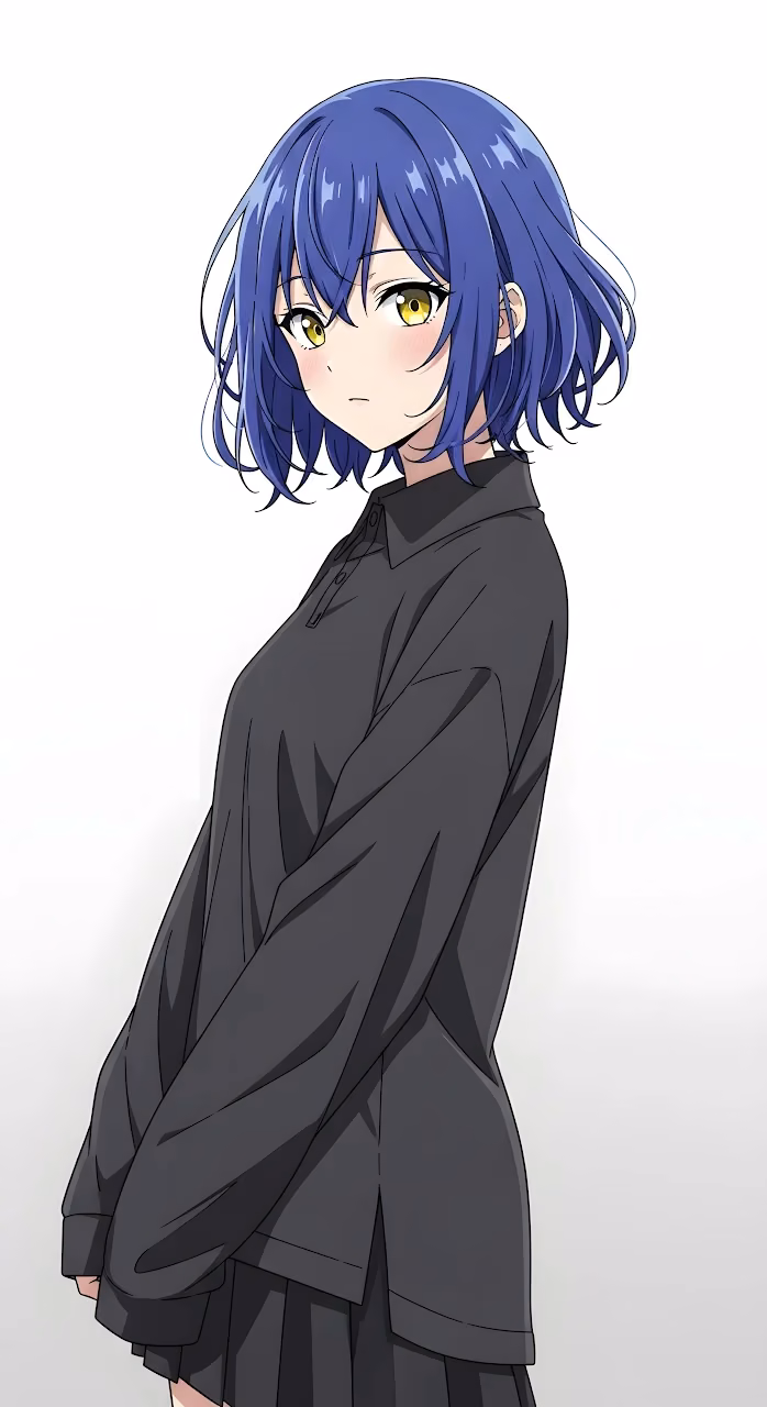 Download Shy Anime Girl with Blue Hair and Oversized Black Polo Wallpaper in Mobile HD Shy Anime Girl with Blue Hair and Oversized Black Polo - Free Mobile AMOLED Wallpaper Background