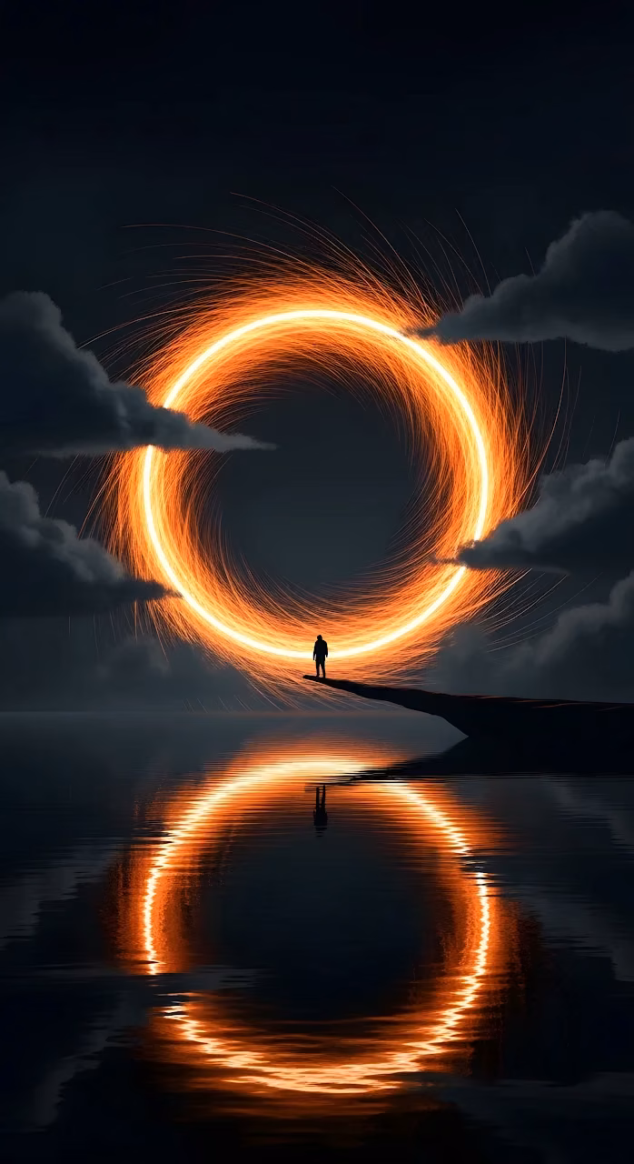Silhouette Approaching Fiery Orange Stargate Portal - Free Mobile AMOLED Wallpaper Background