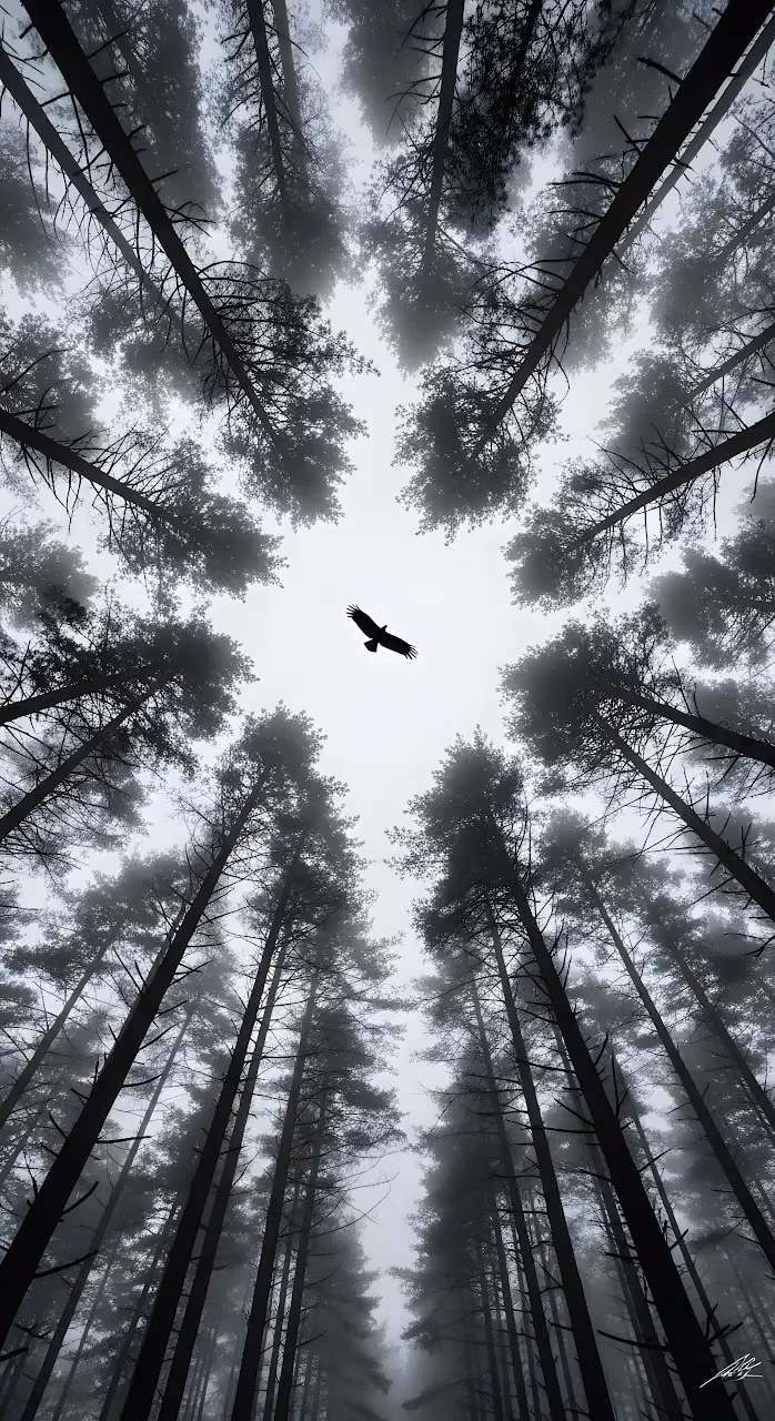 Silhouette of an Eagle Soaring Above a Foggy Pine Forest - Free Mobile AMOLED Wallpaper Background