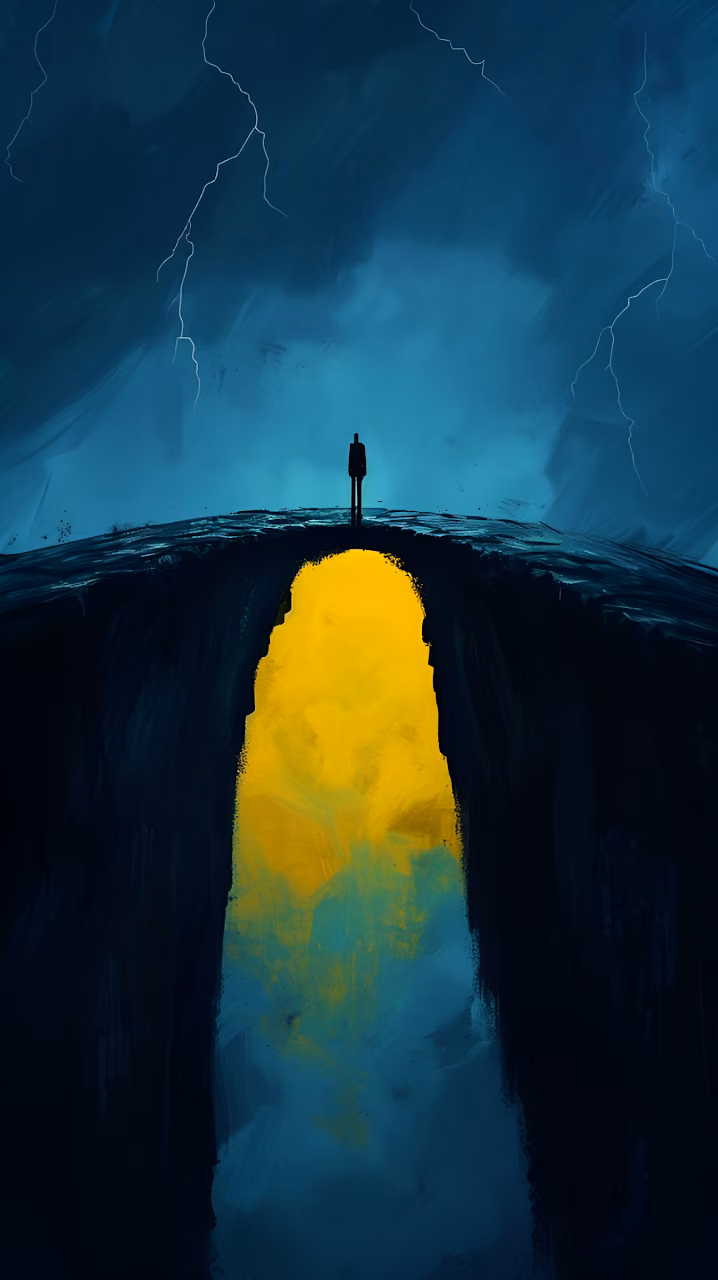 Silhouette Figure on Cliff Edge Above Yellow Glowing Abyss Art - Free Mobile AMOLED Wallpaper Background