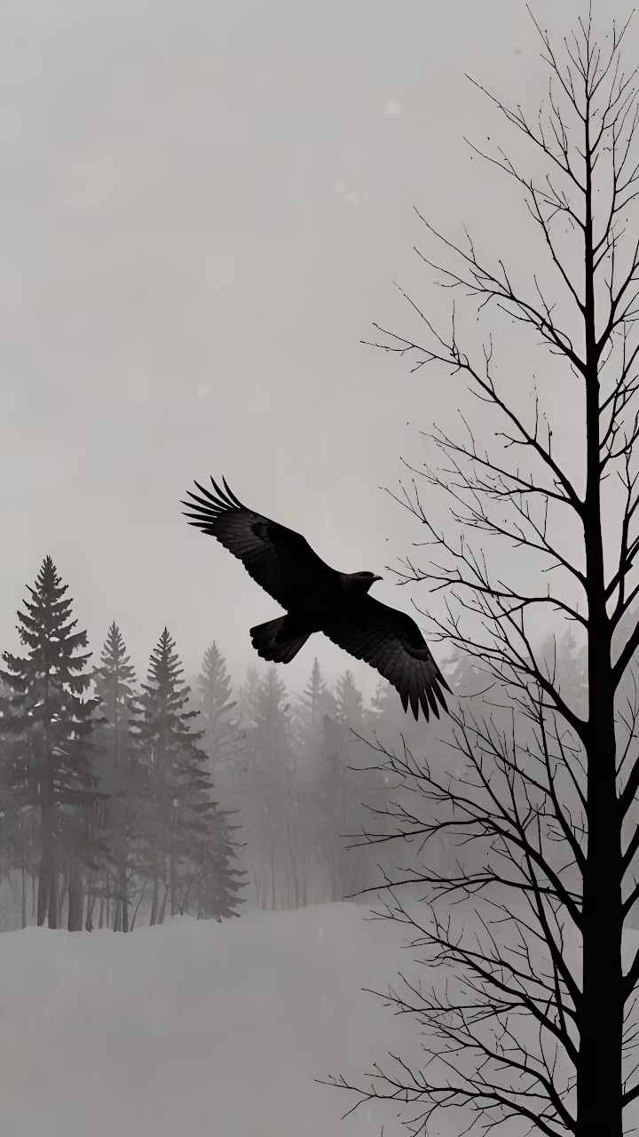 Silhouette of Flying Crow in Snowy Forest - Free Mobile AMOLED Wallpaper Background