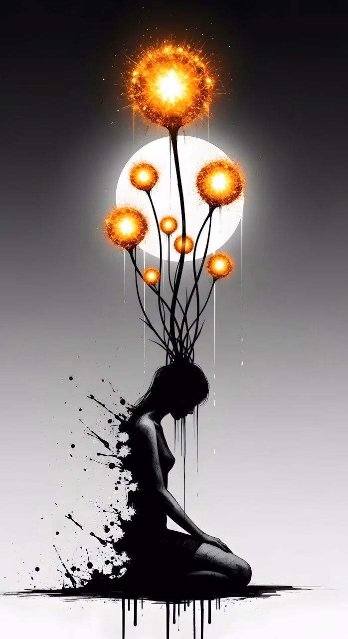 Silhouette of Grief with Glowing Sparkler Flowers - Free Mobile AMOLED Wallpaper Background