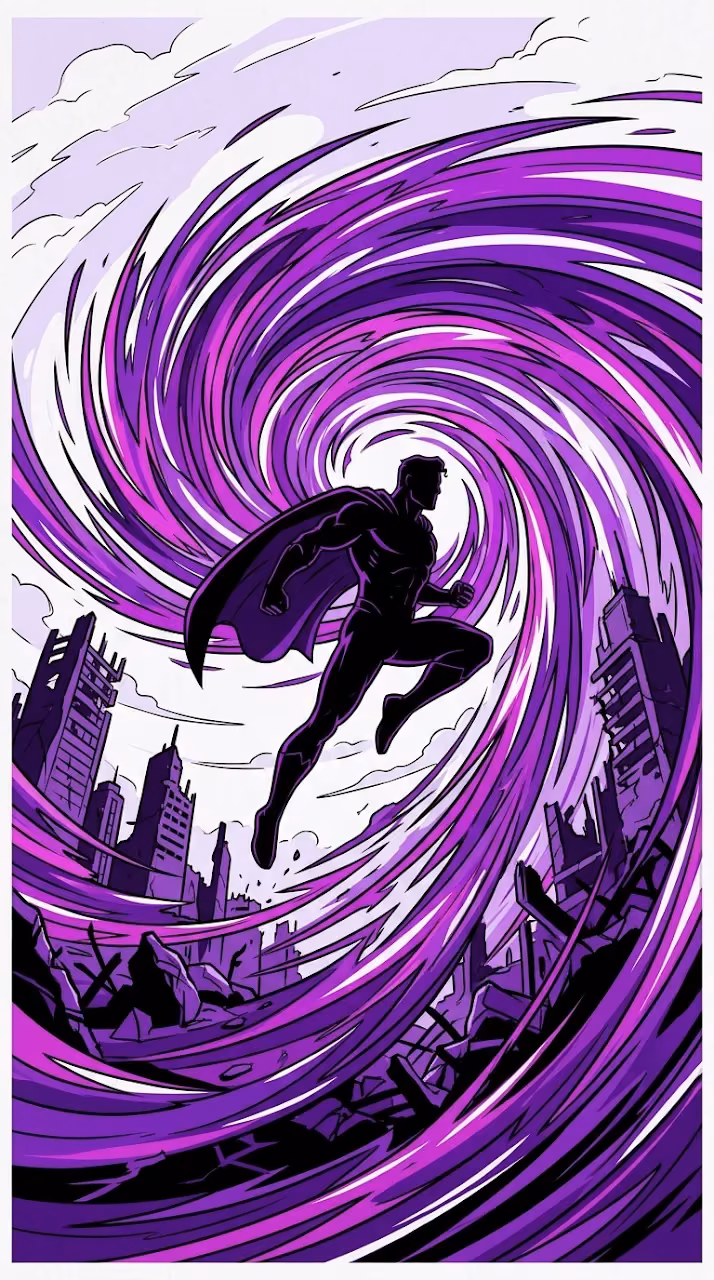 Download Silhouette Hero Leaping Through Purple Energy Vortex Illustration Wallpaper in Mobile HD Silhouette Hero Leaping Through Purple Energy Vortex Illustration - Free Mobile AMOLED Wallpaper Background
