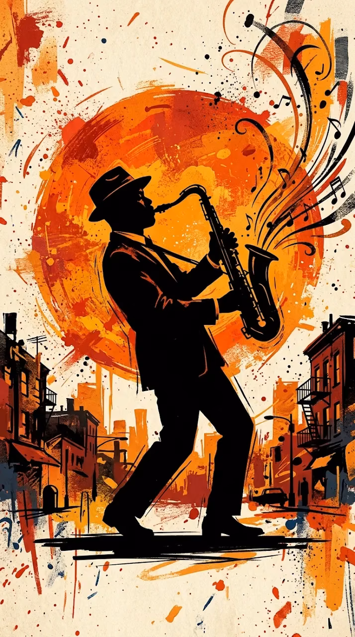 Silhouette of a Jazz Saxophone Player against an Orange Sun - Free Mobile AMOLED Wallpaper Background