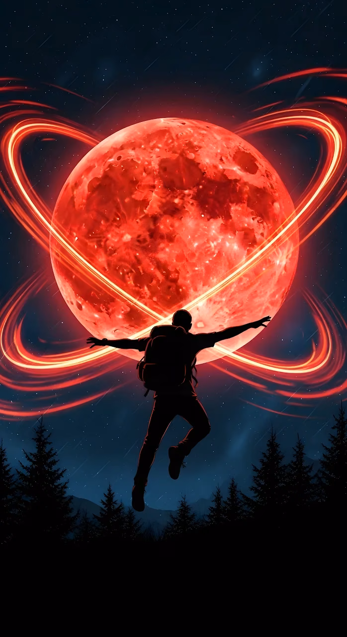 Silhouette Jumper Against Giant Red Moon with Neon Rings - Free Mobile AMOLED Wallpaper Background