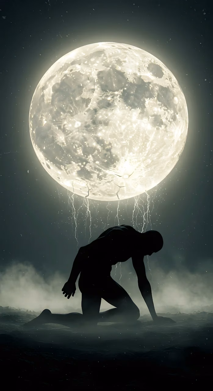 Silhouette Kneeling Under Massive Glowing Moon - Free Mobile AMOLED Wallpaper Background