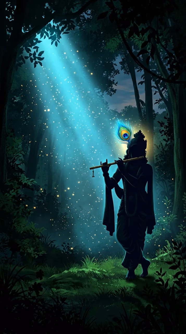 Silhouette of Lord Krishna Playing Flute in Mystical Forest - Free Mobile AMOLED Wallpaper Background