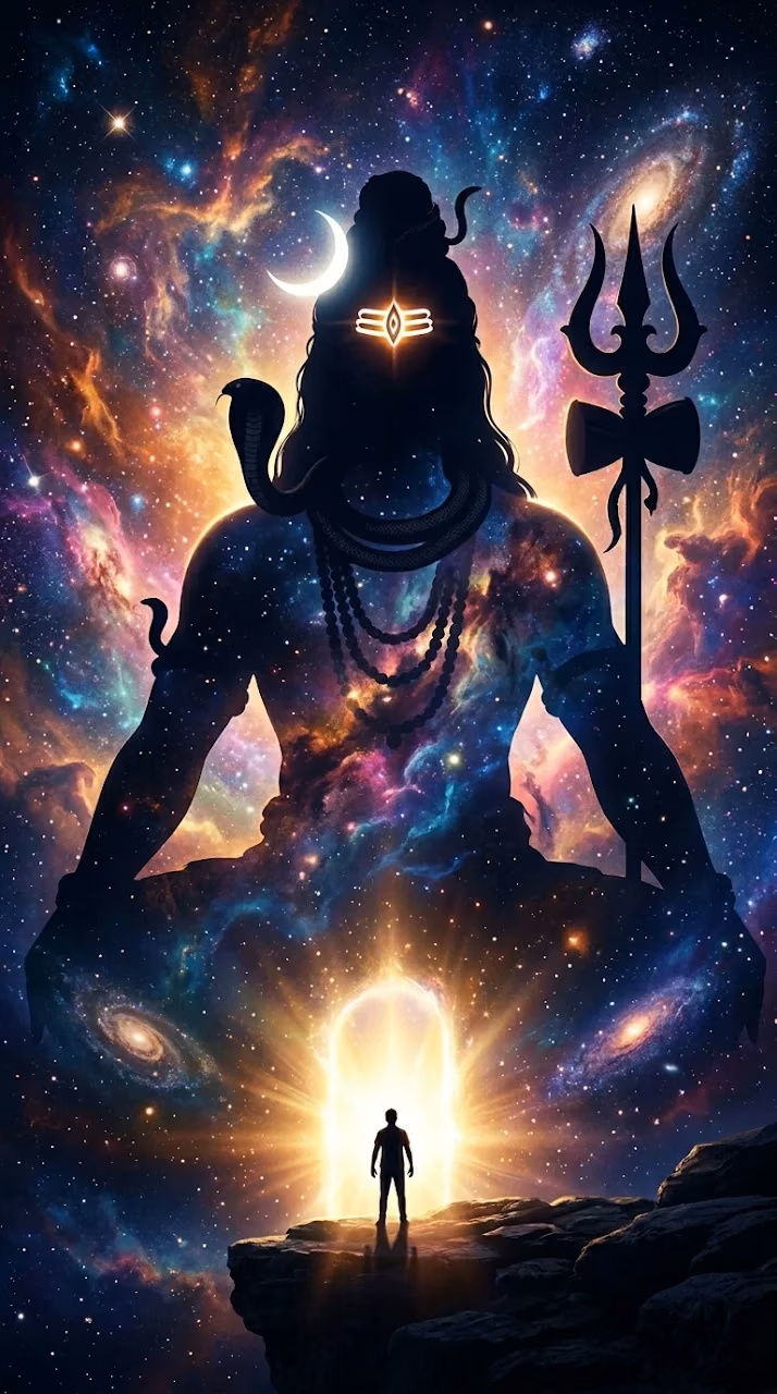 Silhouette of Lord Shiva Against a Glowing Cosmic Nebula - Free Mobile AMOLED Wallpaper Background