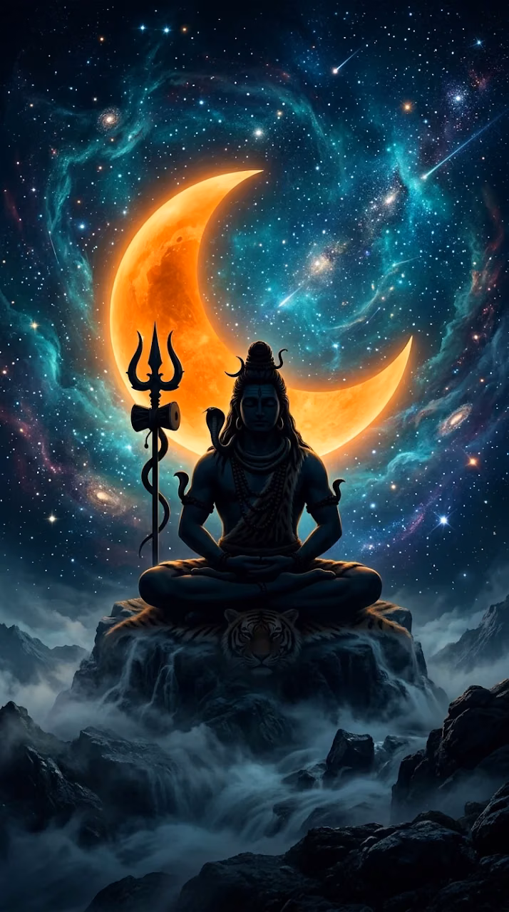 Silhouette of Lord Shiva Meditating Against a Glowing Crescent Moon - Free Mobile AMOLED Wallpaper Background