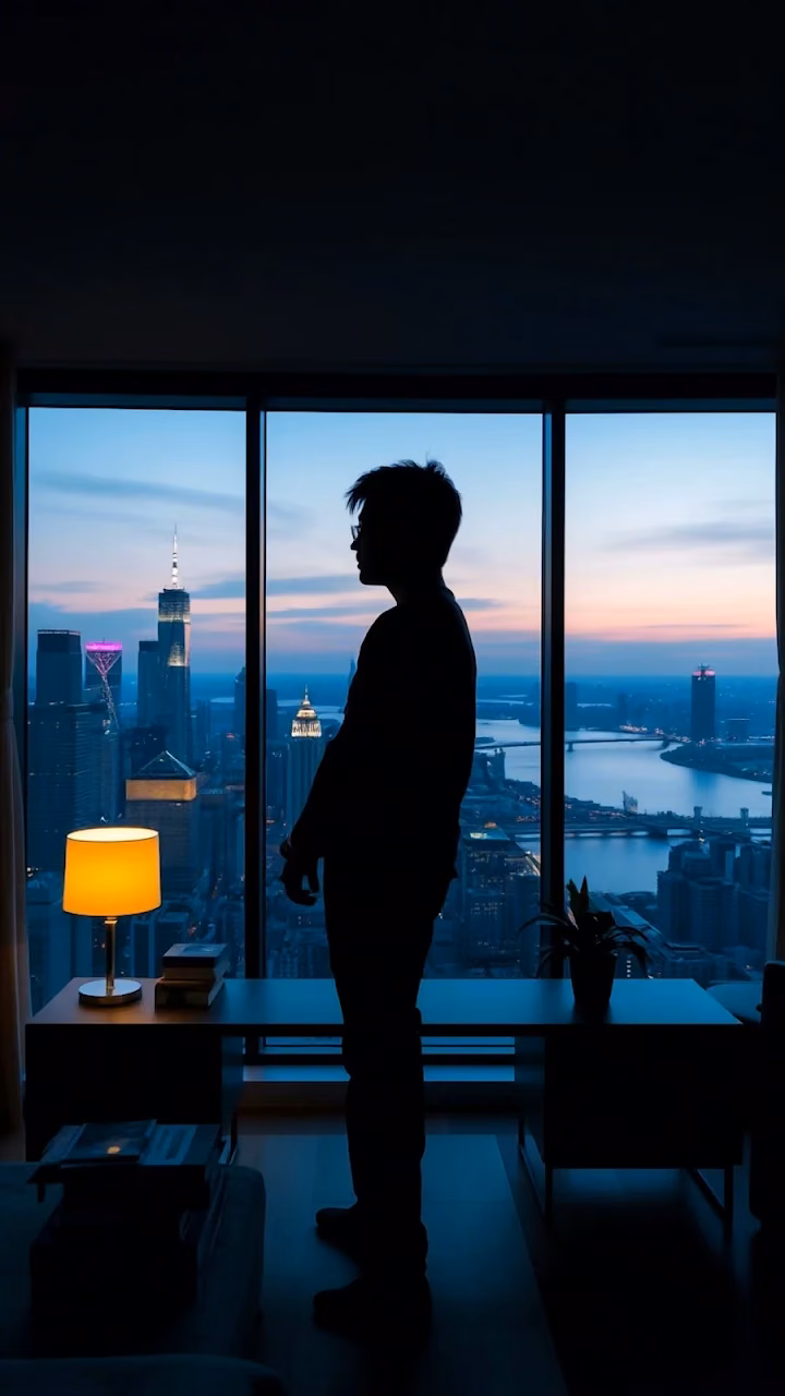 Download Silhouette of Man Looking Out Over City Skyline at Dusk Wallpaper in Mobile HD Silhouette of Man Looking Out Over City Skyline at Dusk - Free Mobile AMOLED Wallpaper Background