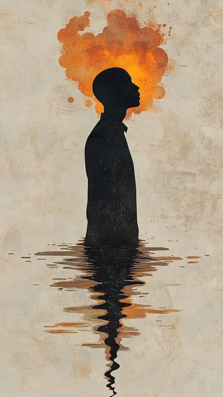 Silhouette Man Submerged Reflection with Fiery Thoughts - Free 4K Desktop Wallpaper Background