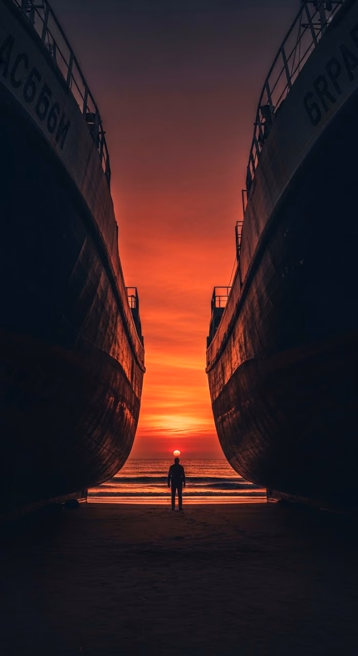 Silhouette of a Person Between Two Fishing Boats on a Beach at Dramatic Sunset - Free Mobile AMOLED Wallpaper Background