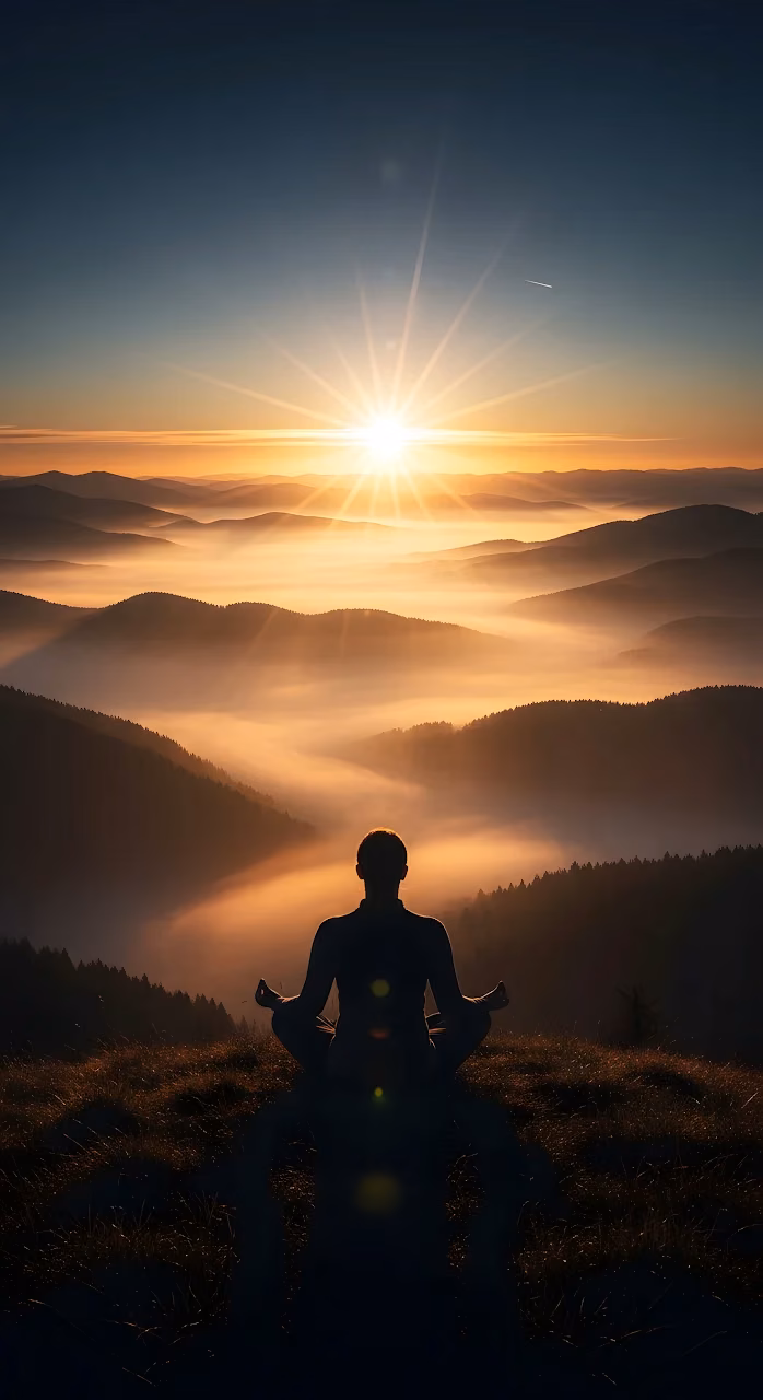 Silhouette of Person Meditating Over Foggy Golden Valley Sunrise - Free Mobile AMOLED Wallpaper Background