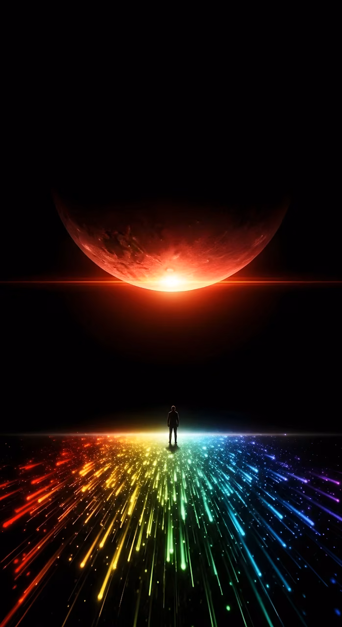 Silhouette on Rainbow Meteor Trail Under Red Planet - Free Mobile AMOLED Wallpaper Background