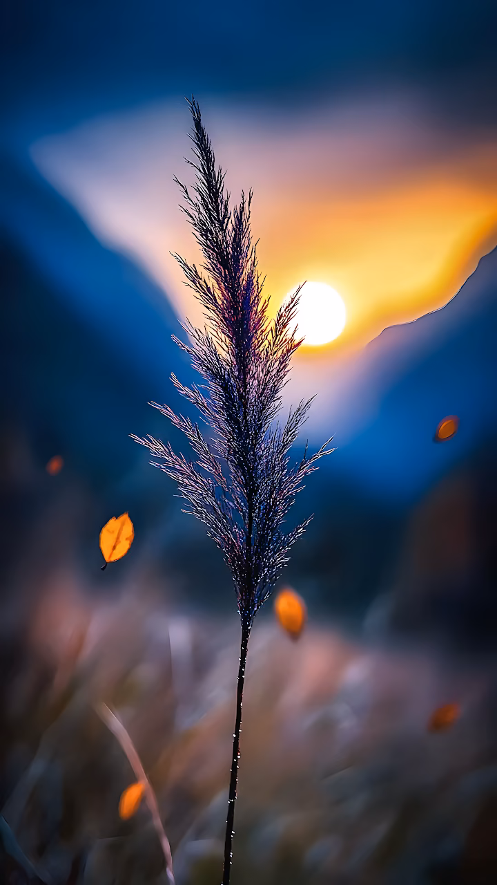 Silhouette of Tall Grass Against Sunset Sky - Free Mobile AMOLED Wallpaper Background