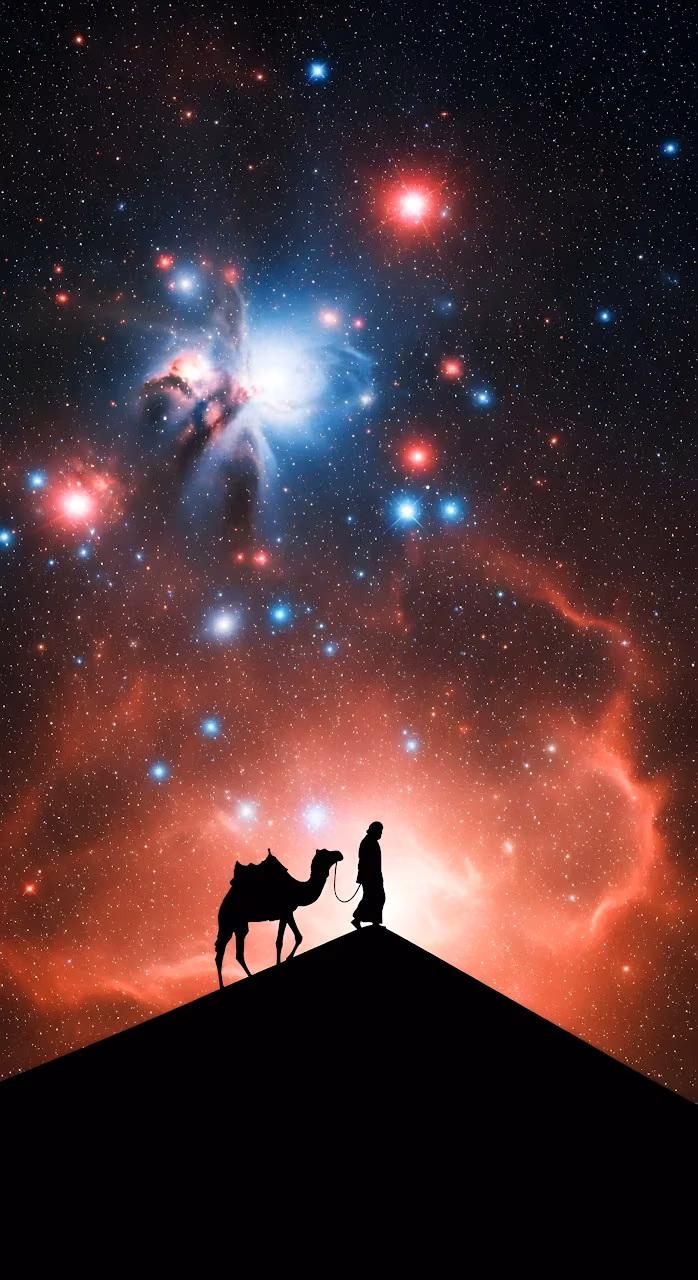 Download Silhouette of Traveler and Camel Against Cosmic Nebula Sky Wallpaper in Mobile HD Silhouette of Traveler and Camel Against Cosmic Nebula Sky - Free Mobile AMOLED Wallpaper Background
