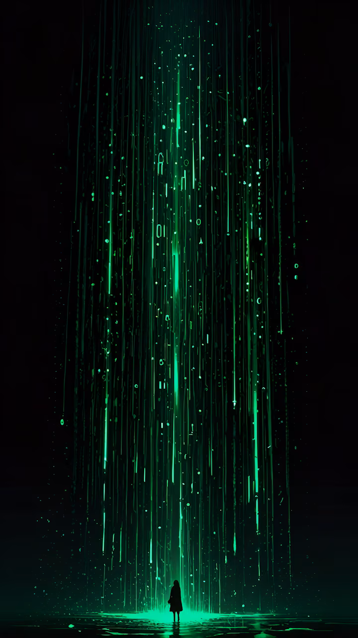 Download Silhouette Under Digital Green Rain in Dark Void Wallpaper in Mobile HD Silhouette Under Digital Green Rain in Dark Void - Free Mobile AMOLED Wallpaper Background