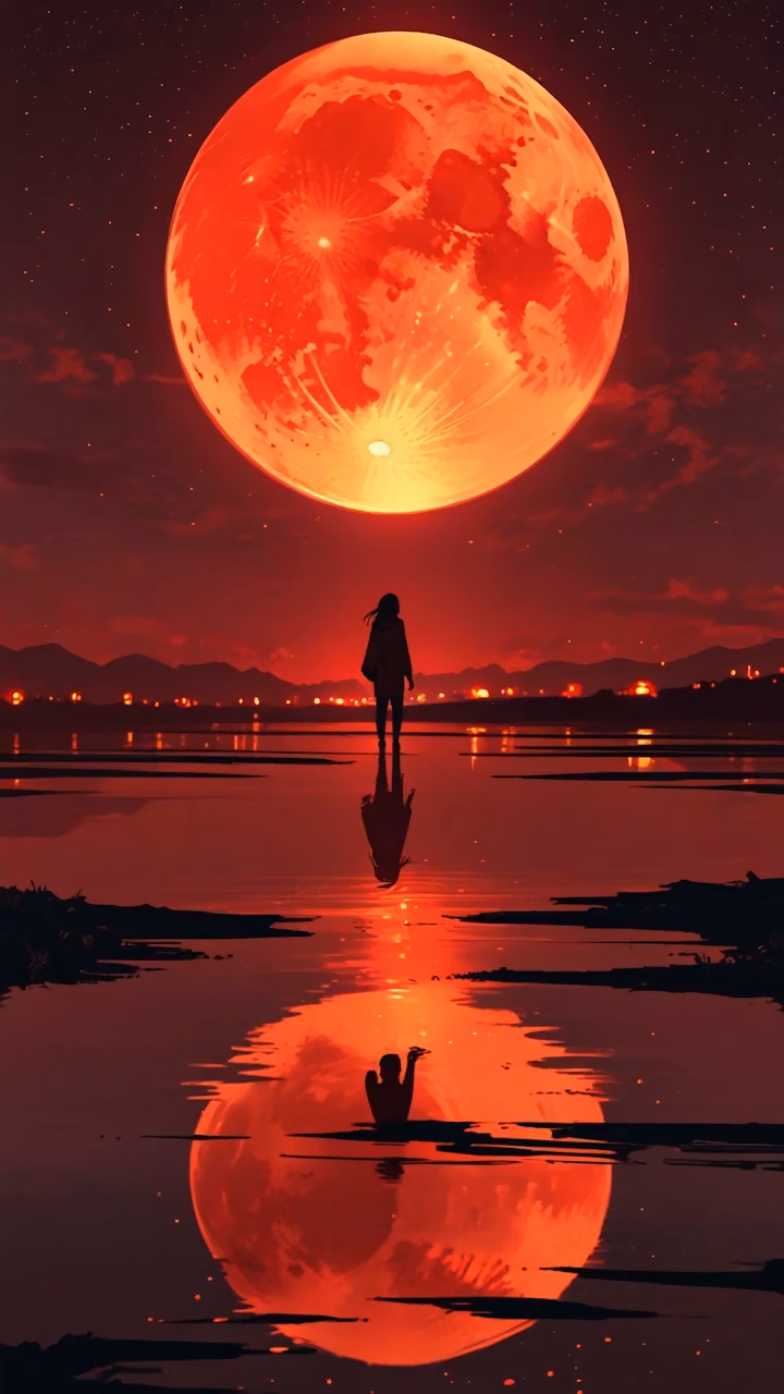 Download Silhouette Under Giant Blood Moon on Water Wallpaper in Mobile HD Silhouette Under Giant Blood Moon on Water - Free Mobile AMOLED Wallpaper Background