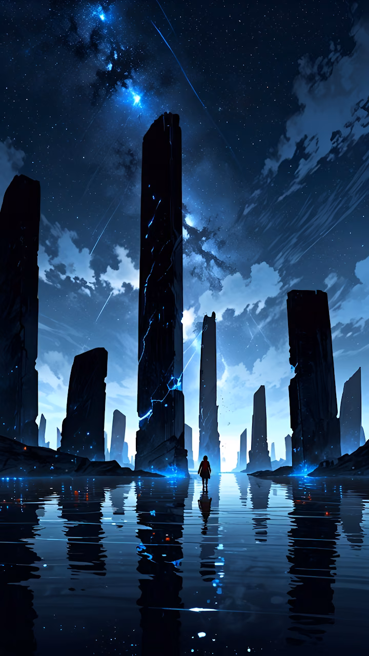 Silhouette Walking Through Alien Monoliths Under Starry Sky - Free Mobile AMOLED Wallpaper Background