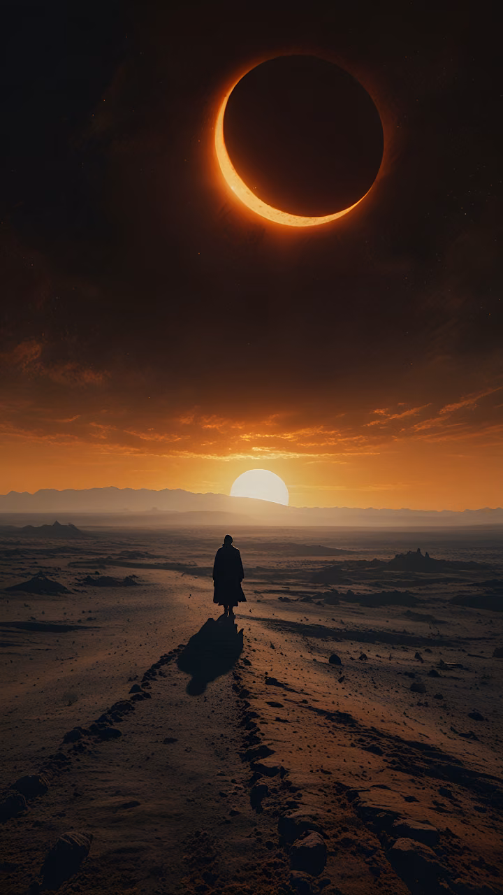 Silhouette Walking Toward Eclipse in Desert Landscape - Free Mobile AMOLED Wallpaper Background