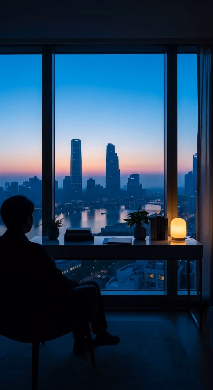 Silhouette Watching Twilight City Skyline from High Rise Window - Free Mobile AMOLED Wallpaper Background