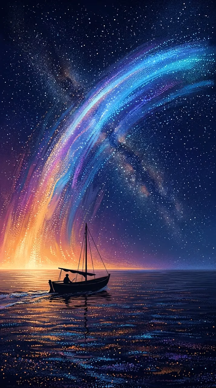 Silhouetted Boat on Calm Sea under Celestial Arc of Light - Free Mobile AMOLED Wallpaper Background