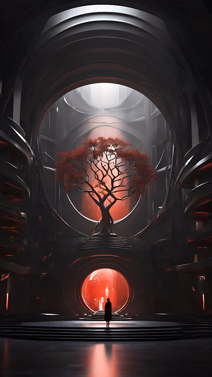 Download Silhouetted Figure Before Red Tree in Futuristic Dome Wallpaper in Mobile HD Silhouetted Figure Before Red Tree in Futuristic Dome - Free Mobile AMOLED Wallpaper Background