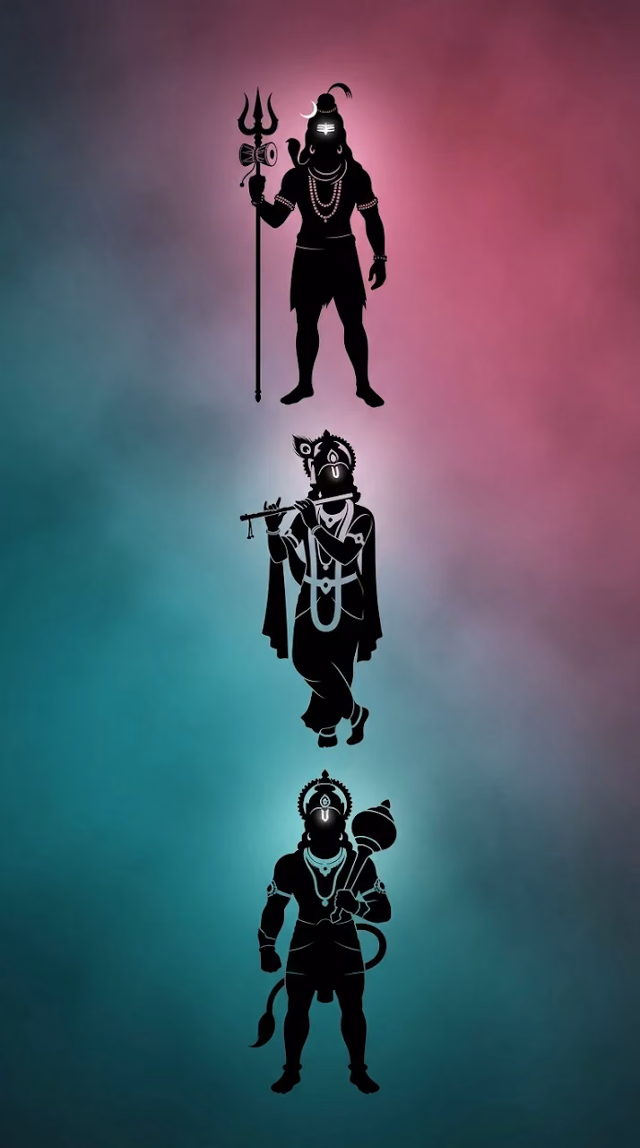 Silhouetted Hindu Deities Shiva Krishna and Hanuman on Gradient Background - Free Mobile AMOLED Wallpaper Background