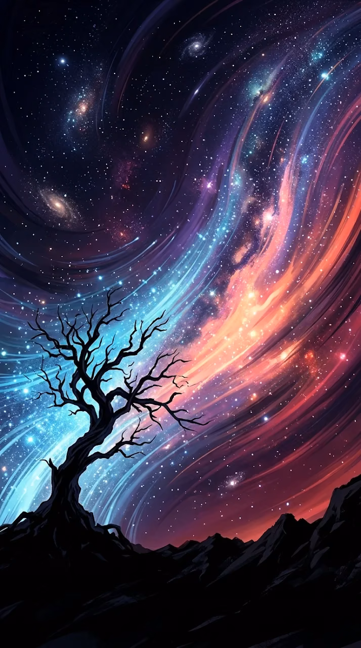 Silhouetted Tree Against Swirling Starry Night Sky - Free Mobile AMOLED Wallpaper Background
