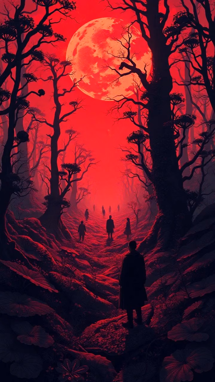Silhouettes Walking Through Red Moon Forest - Free Mobile AMOLED Wallpaper Background