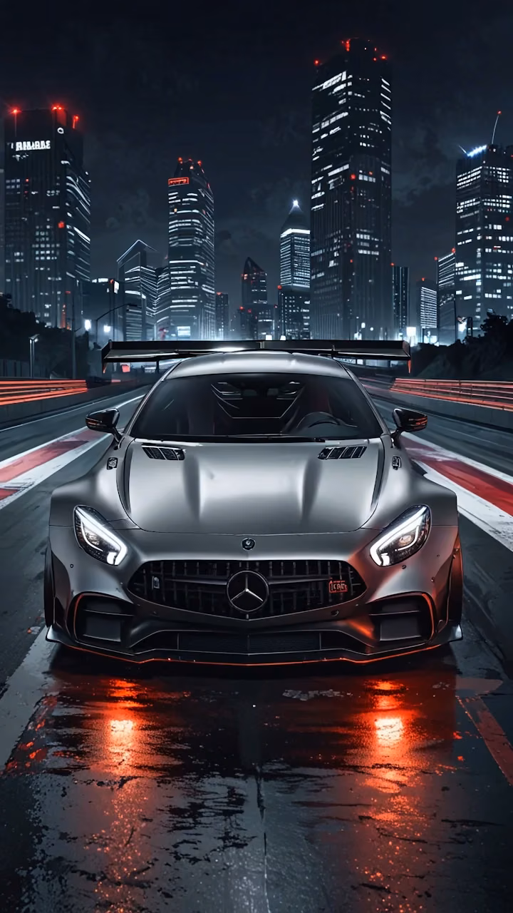 Silver Supercar on Wet City Track at Night - Free Mobile AMOLED Wallpaper Background