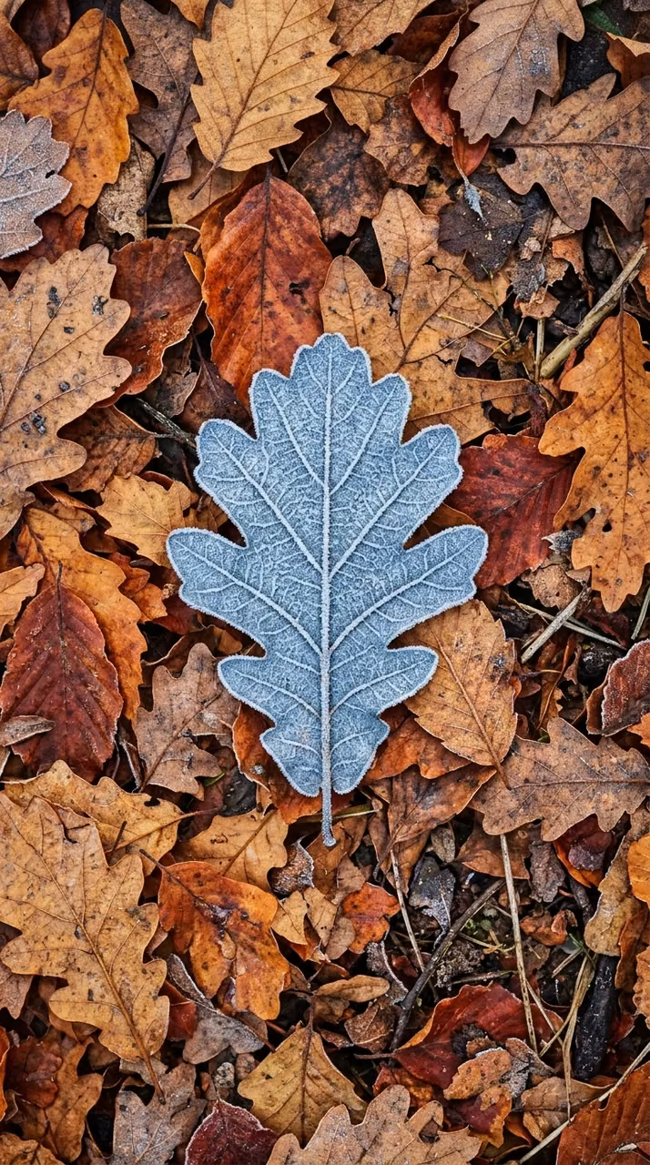 Download Single Blue Frosted Leaf Resting on Orange Autumn Foliage Wallpaper in Mobile HD Single Blue Frosted Leaf Resting on Orange Autumn Foliage - Free Mobile AMOLED Wallpaper Background