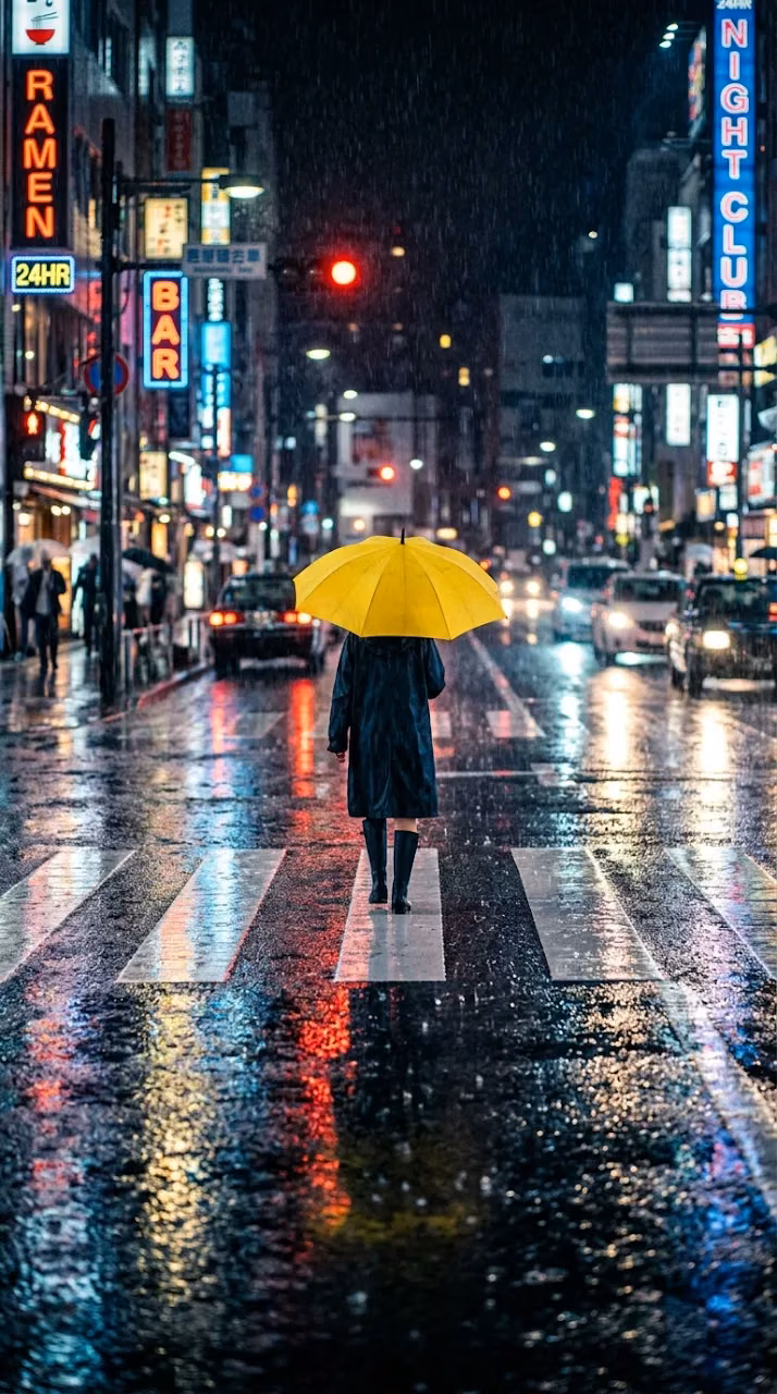 Single Yellow Umbrella in Rain-Soaked Midnight Crosswalk - Free Mobile AMOLED Wallpaper Background