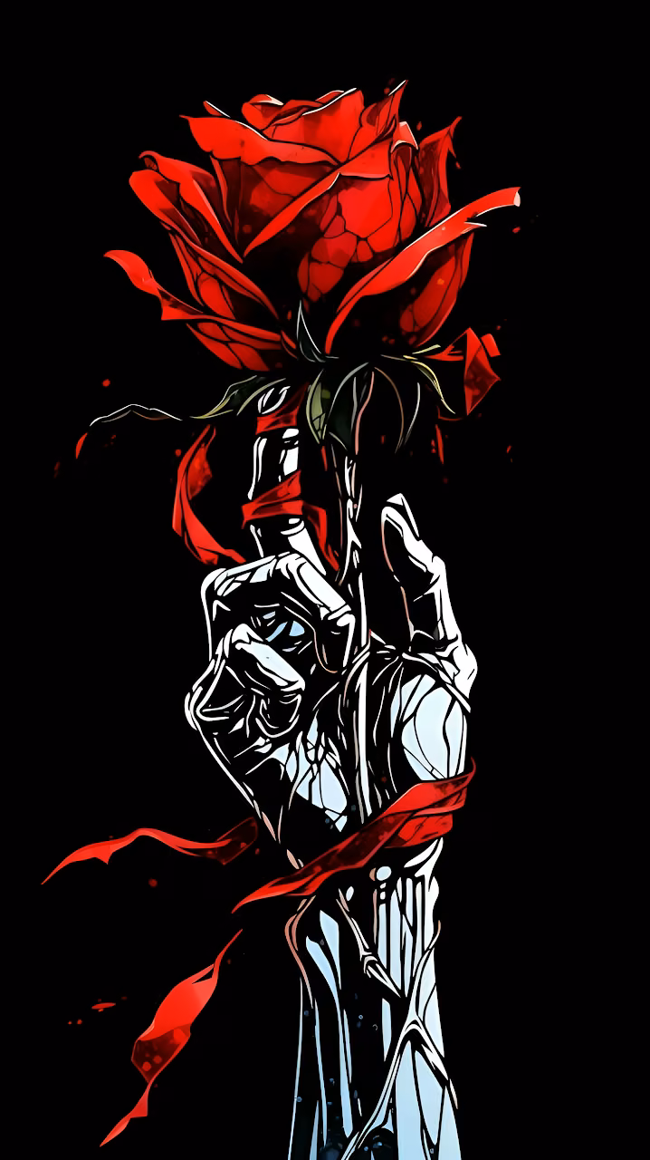 Skeletal Hand Holding Red Rose Dark Graphic Art - Free Mobile AMOLED Wallpaper Background