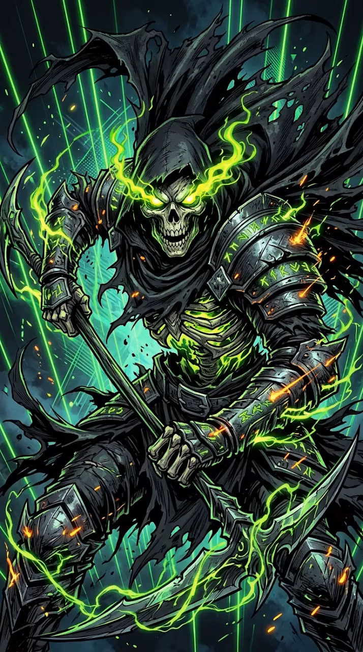 Skeleton Warrior in a Dark Cloak with Glowing Green Energy - Free Mobile AMOLED Wallpaper Background