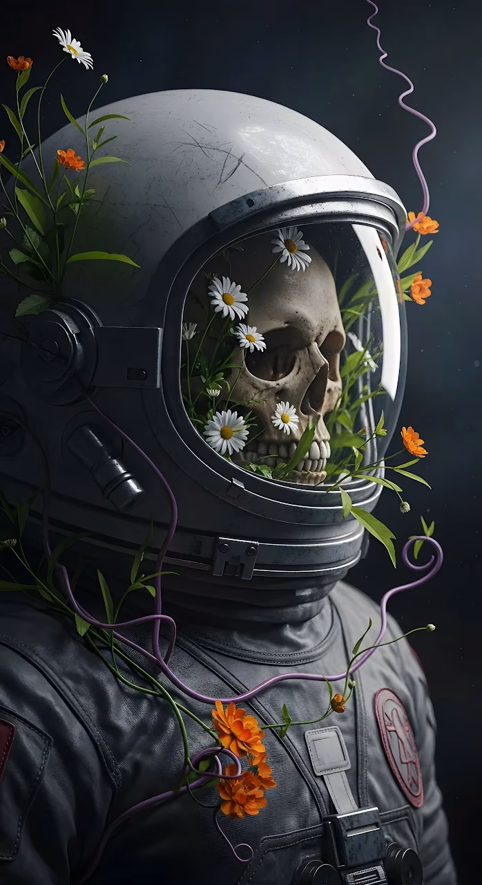 Skull and Daisies Inside Astronaut Helmet Visor - Free Mobile AMOLED Wallpaper Background