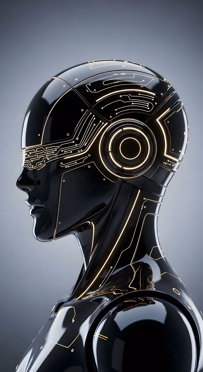 Sleek Black Android Head with Glowing Circuitry - Free Mobile AMOLED Wallpaper Background