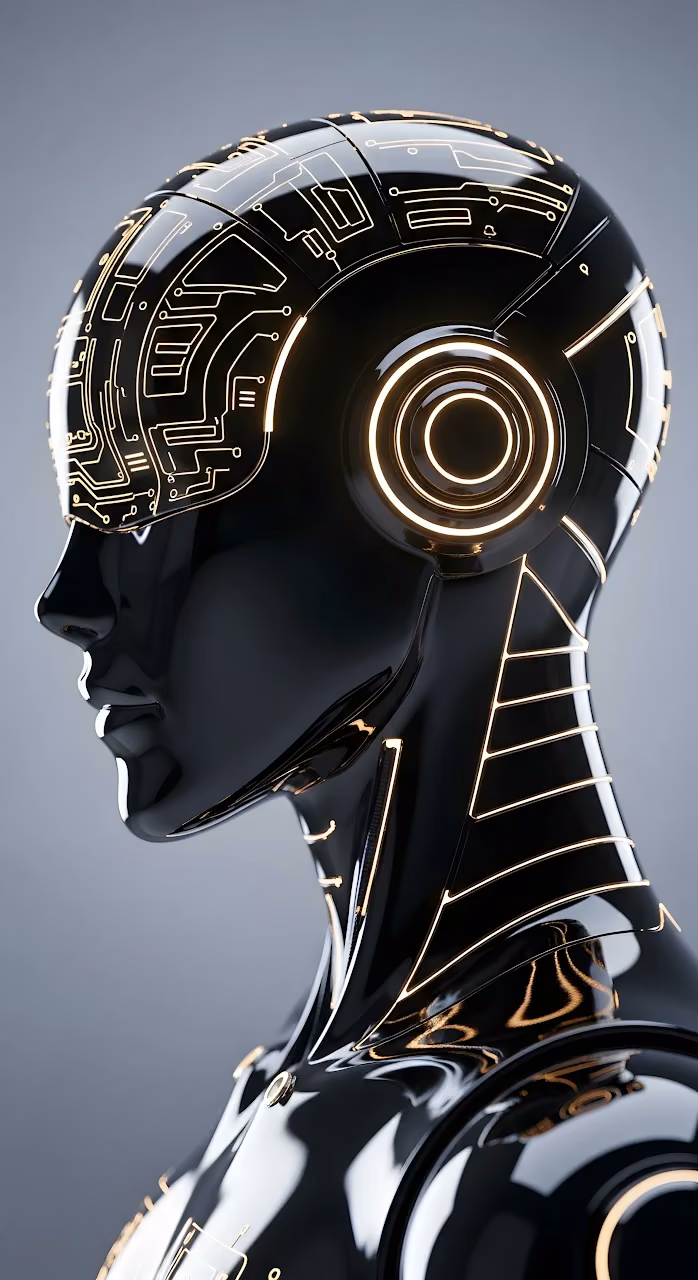 Sleek Black Android Head with Glowing Gold Circuitry - Free Mobile AMOLED Wallpaper Background