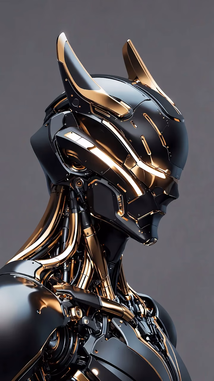 Download Sleek Black and Gold Cybernetic Android Head Profile Wallpaper in Mobile HD Sleek Black and Gold Cybernetic Android Head Profile - Free Mobile AMOLED Wallpaper Background