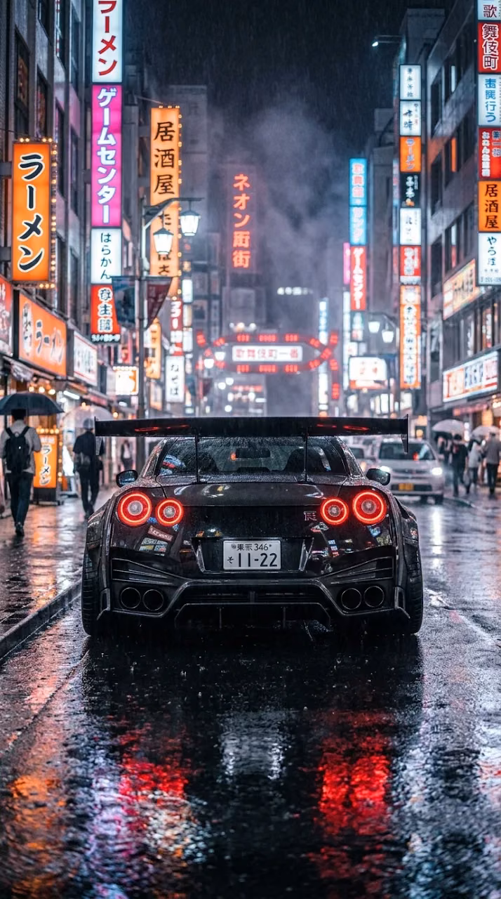 Download Sleek Black Performance Car in a Rainy Neon Tokyo Streetscape at Night Wallpaper in Mobile HD Sleek Black Performance Car in a Rainy Neon Tokyo Streetscape at Night - Free Mobile AMOLED Wallpaper Background