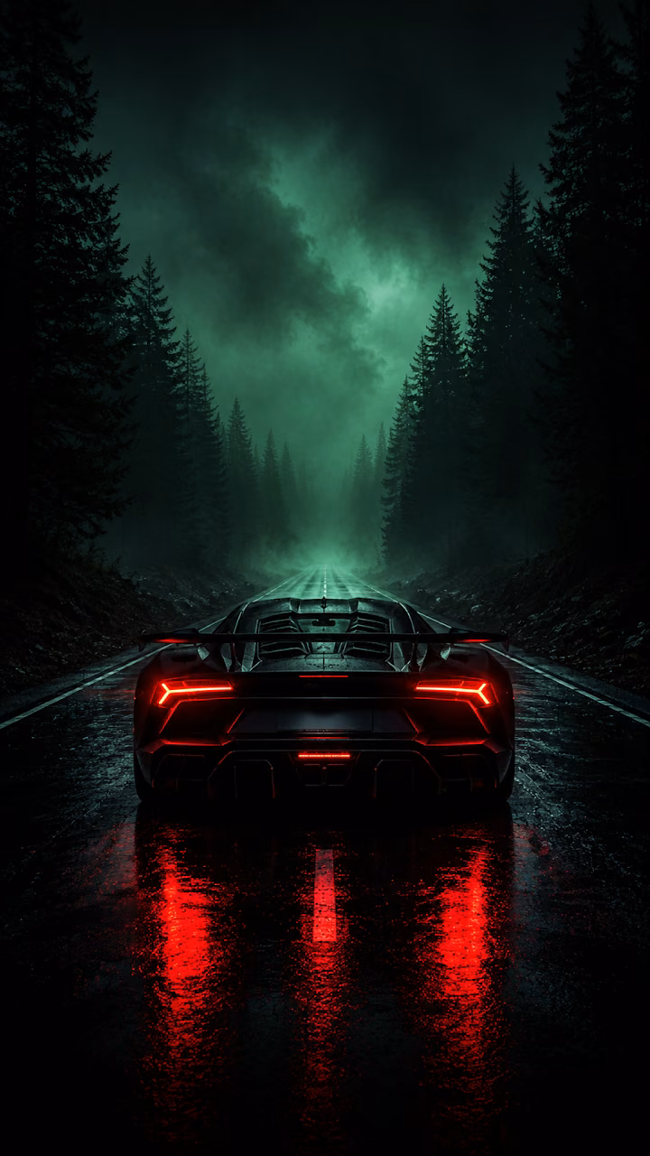 Download Sleek Black Sports Car on Wet Dark Forest Highway Wallpaper in Mobile HD Sleek Black Sports Car on Wet Dark Forest Highway - Free Mobile AMOLED Wallpaper Background
