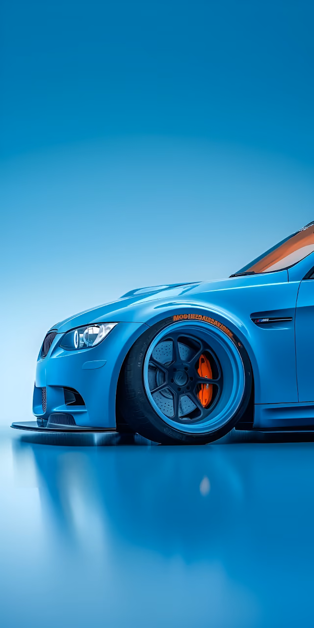 Download Sleek Blue Sports Car with Orange Brake Calipers on Gradient Wallpaper in Mobile HD Sleek Blue Sports Car with Orange Brake Calipers on Gradient - Free Mobile AMOLED Wallpaper Background
