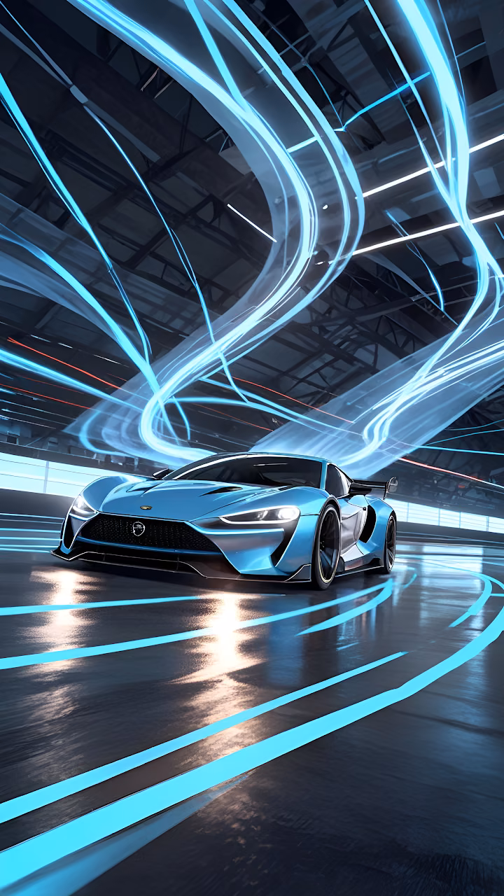 Sleek Blue Sports Car Racing Through Neon Light Trails, Futuristic Speed - Free Mobile AMOLED Wallpaper Background