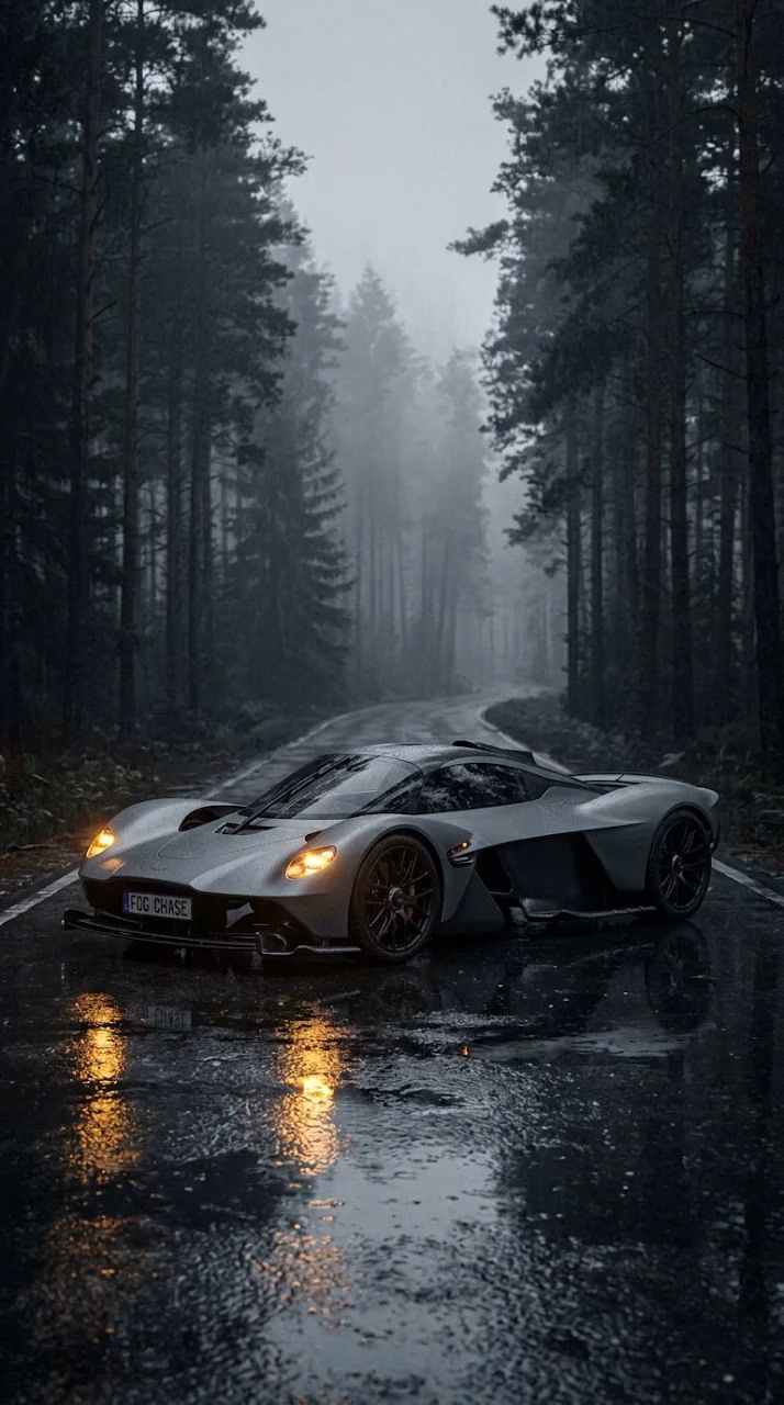 Sleek Gray Supercar on Wet Forest Road under Foggy Canopy - Free Mobile AMOLED Wallpaper Background
