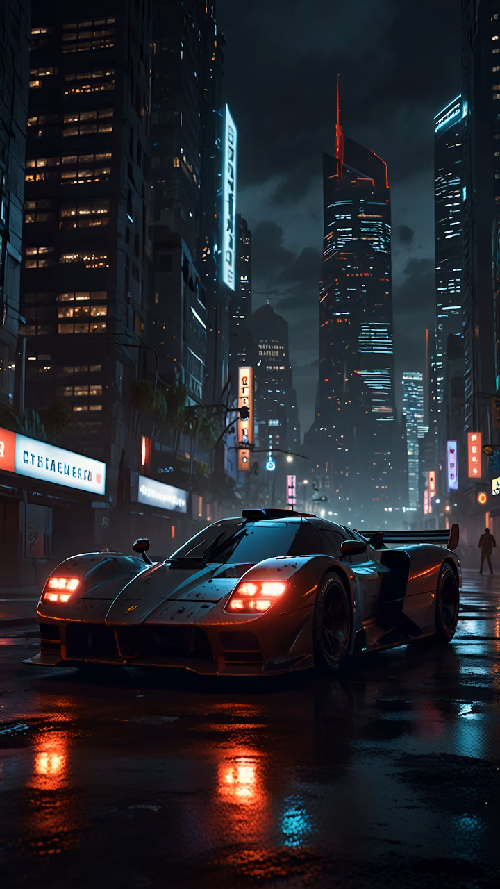 Sleek Sports Car on Rainy Neon City Street at Night - Free Mobile AMOLED Wallpaper Background