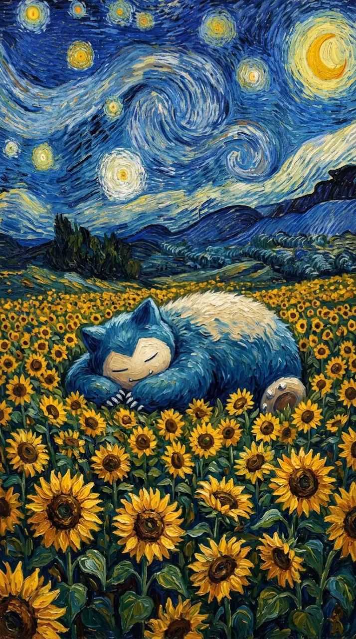 Download Sleeping Creature in Sunflowers Under Van Gogh Starry Night Sky Wallpaper in Mobile HD Sleeping Creature in Sunflowers Under Van Gogh Starry Night Sky - Free Mobile AMOLED Wallpaper Background