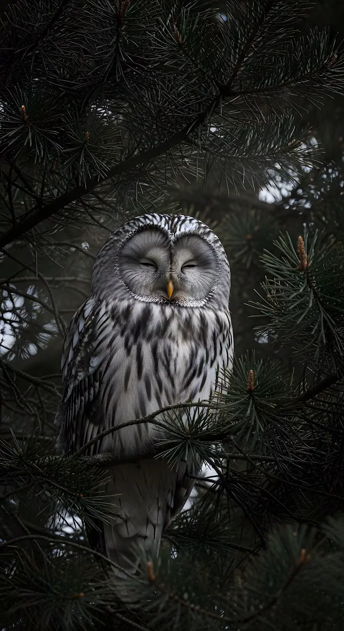 Sleeping Ural Owl Perched in Dark Pine Forest Branches - Free Mobile AMOLED Wallpaper Background