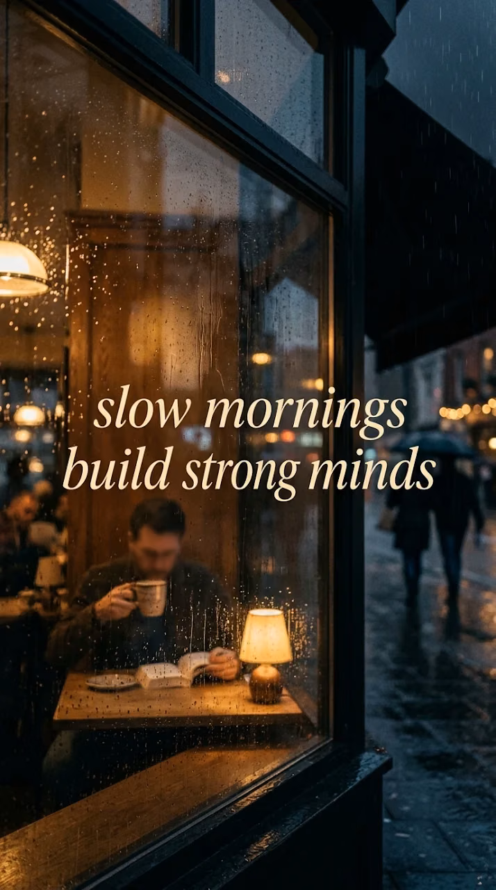 Slow Mornings Quote Integrated into Rainy Cafe Window - Free Mobile AMOLED Wallpaper Background