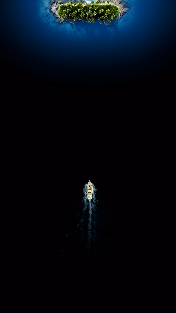 Small Boat Sailing Black Ocean Towards Tropical Island - Free Mobile AMOLED Wallpaper Background