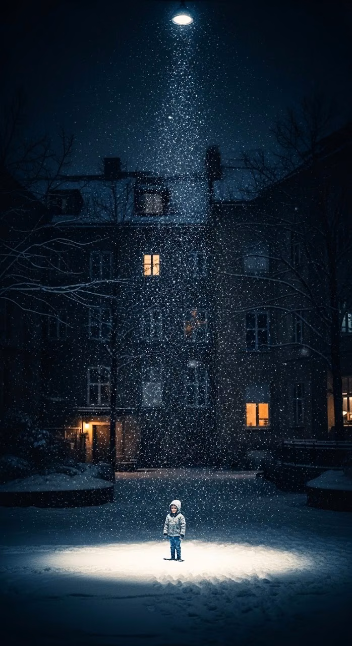 Small Child Playing in Falling Snow Under a Bright Street Lamp at Night - Free Mobile AMOLED Wallpaper Background